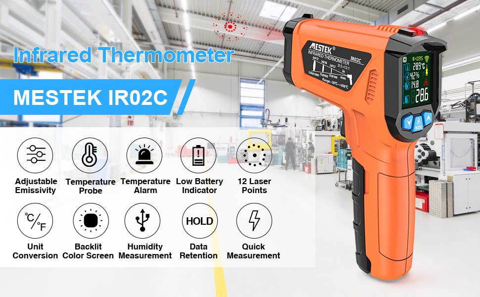 Інфрачервоний термометр MESTEK з K-зондом: вимірювання температури від -50°C до 800°C, безконтактний, LCD, з сигналізацією, регулювання коефіцієнта випромінювання. Підходить для кухні, випічки та промисловості.