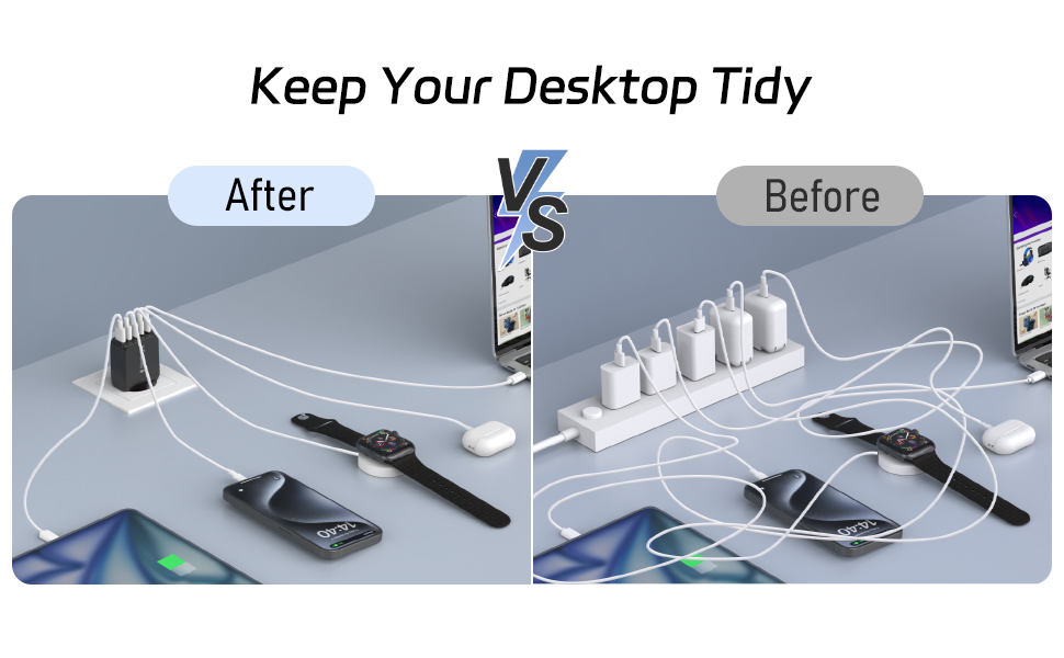 Мережевий адаптер USB C 50W 5 портів (2 USB C + 3 USB A) для iPhone, iPad, Samsung Galaxy, Google - білий/чорний