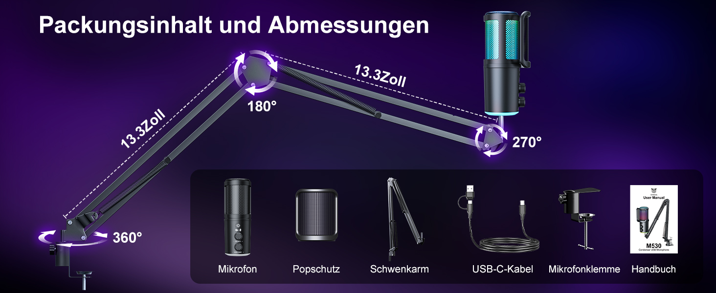 Професійний USB мікрофон для стрімінгу, подкастів та YouTube з RGB підсвіткою та кріпленням 