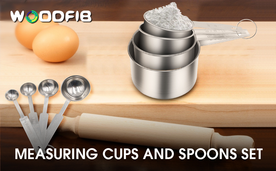 Набір мірних ложок та мірний стакан з нержавіючої сталі (8 шт.) - для рідин та сухих інгредієнтів, випічки