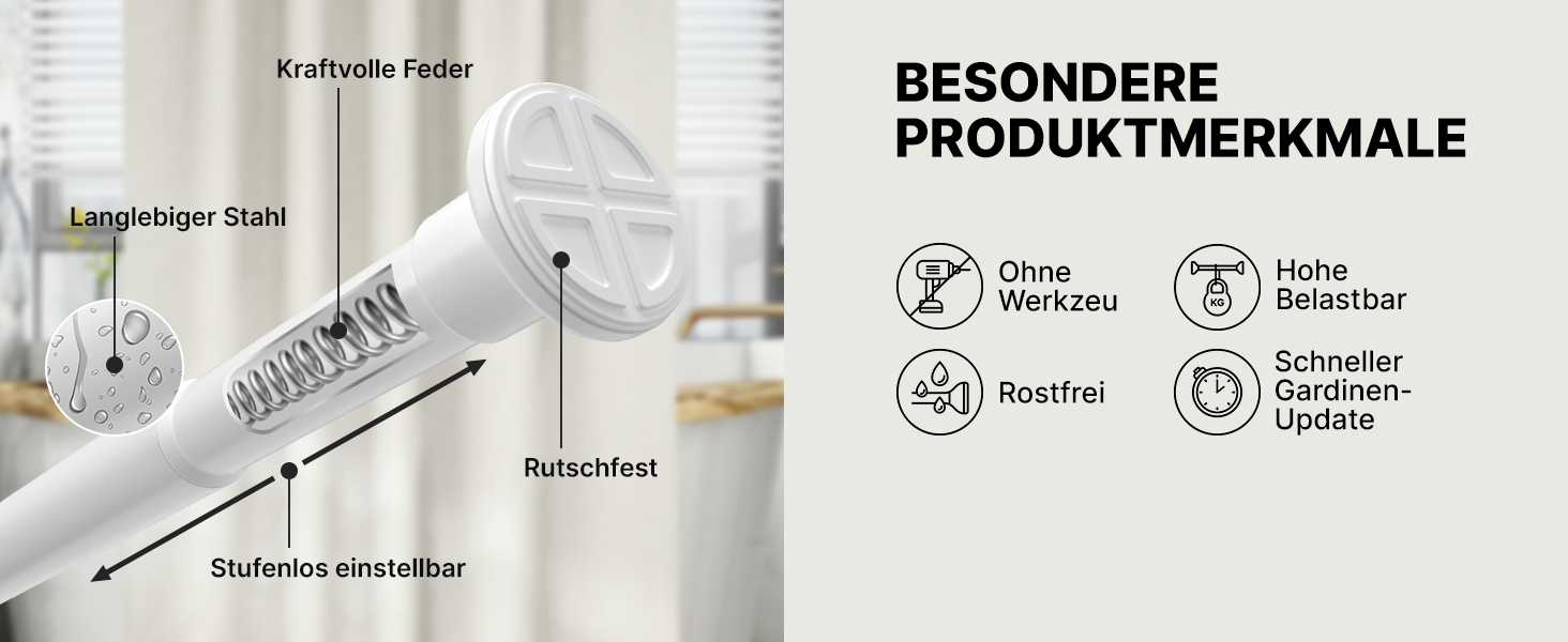 Штанга для карнизів без свердління, біла, Ø 25 мм, телескопічна - для штори, душової кабіни, вікна, кімнати, кухні (70-120 см)