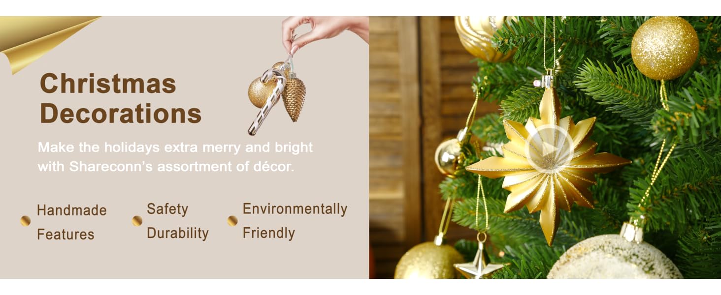 Набір ялинкових прикрас Shareconn, 80 шт., 4–12,5 см, міцні золоті пластикові кулі для ялинки, різдвяний декор, з ниткою для підвішування, темно- та світло-золоті кольори