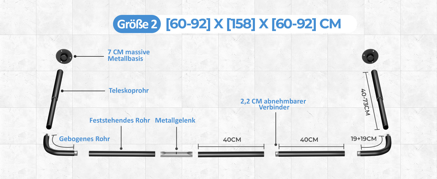 Регульована душова штанга U-подібної/L-подібної форми, 60-92 x 78-196 x 60-92 см, з 12 кільцями для шторки та підпоркою для стелі, чорна. Підходить для ванни/ванної кімнати. Потрібне свердловий монтаж.