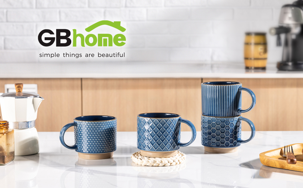 Набір кавових чашок GBHOME 4 шт. 350 мл, кераміка, з текстурою, для лате/капучино, сумісні з посудомийною машиною та мікрохвильовою піччю, блакитний колір, сучасний подарунок