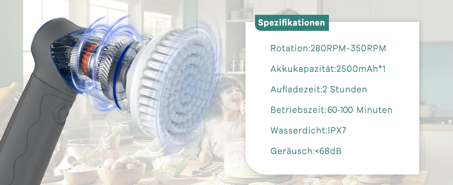 Електрична щітка для прибирання, бездротовий скрубер Power Spin з 7 насадками, 2 швидкості. Ідеально для плитки, душових кабін, скла та ванної кімнати