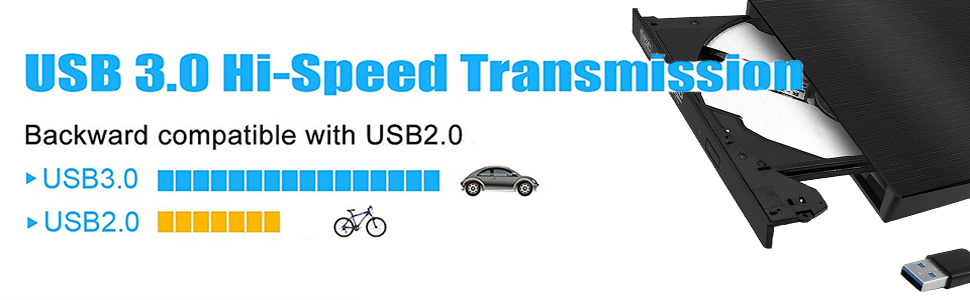 Зовнішній CD/DVD привід USB 3.0, портативний Slim RW записувач для ноутбуків та ПК (Windows, Mac OS, MacBook, iMac), чорний