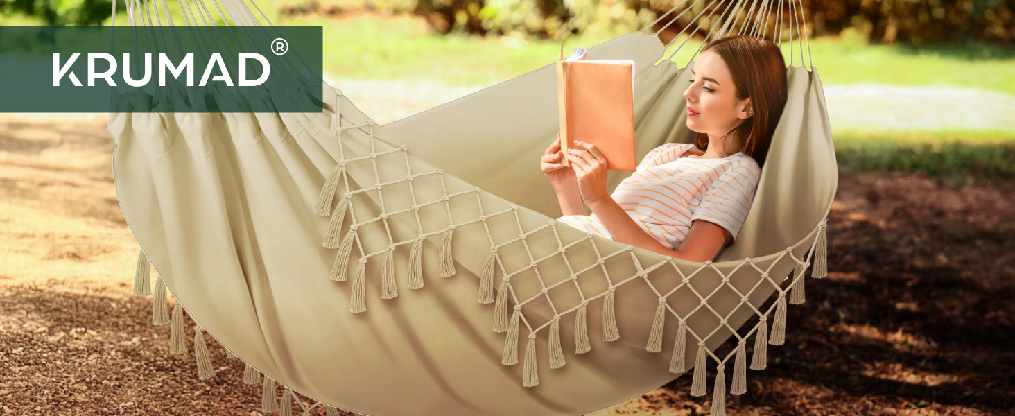 Гамак KRUMAD 260 см, до 250 кг, вологостійкий, бавовна-поліестер, для саду, балкону, кемпінгу, з дерев'яними розпірками та сумкою (Бежевий, 150x200 см)