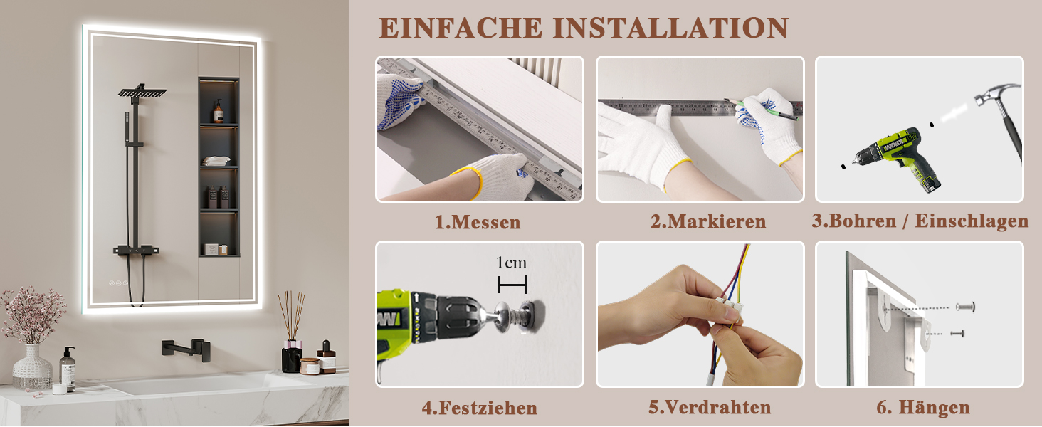 Дзеркало для ванної кімнати з підсвічуванням LED, антизапар, сенсорне управління, регулювання яскравості, 3 кольори світла, овальне, 50x70 см (Bluetooth, антизапар, 100L x 70B см)