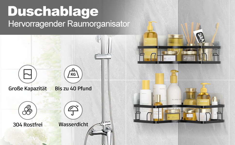 Кутова поличка для душу MOSUO без свердління, 2 шт. з 8 гачками та 6 клеями, нержавіюча сталь, чорний колір, L-1