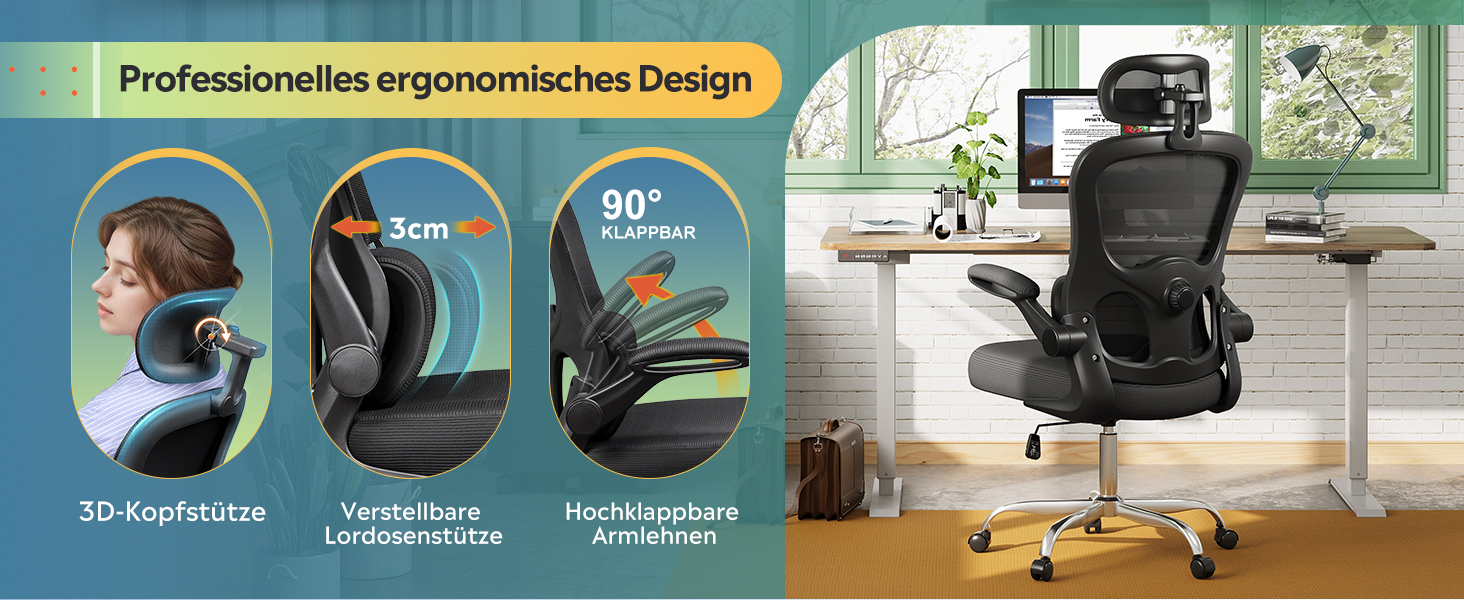 Офісне крісло Devaise ергономічне, з підтримкою попереку, 3D-підголівником, регульованими підлокітниками та сітчастою спинкою, для офісу та дому, до 150 кг, чорне