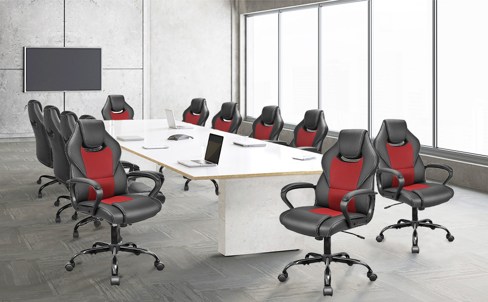 Офісне крісло BASETBL для роботи та ігор, 150 кг, ергономічне, з PU шкіри, регульоване, з м'якими підлокітниками, функція гойдання (Червоний)