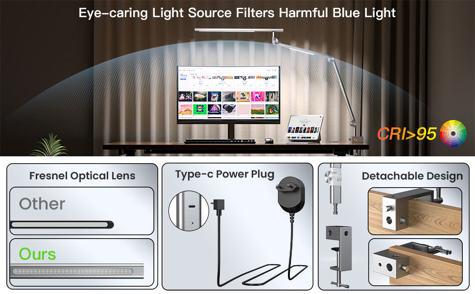 VERSKI LED Desk Lamp - Dimmable 18W Dual Light Source, Eye Protection, Daylight Lamp with 5 Color Temperatures & Adjustable Brightness for Home Office & Office - Silver