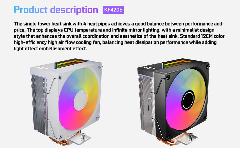 Кулер для CPU Jungle Leopard KF420E з дисплеєм температури, 4 heat pipes, 1800RPM ARGB PWM вентилятор, для LGA 115X/1200/1700/1366/2011/1851, AM4/AM5 (Чорний)
