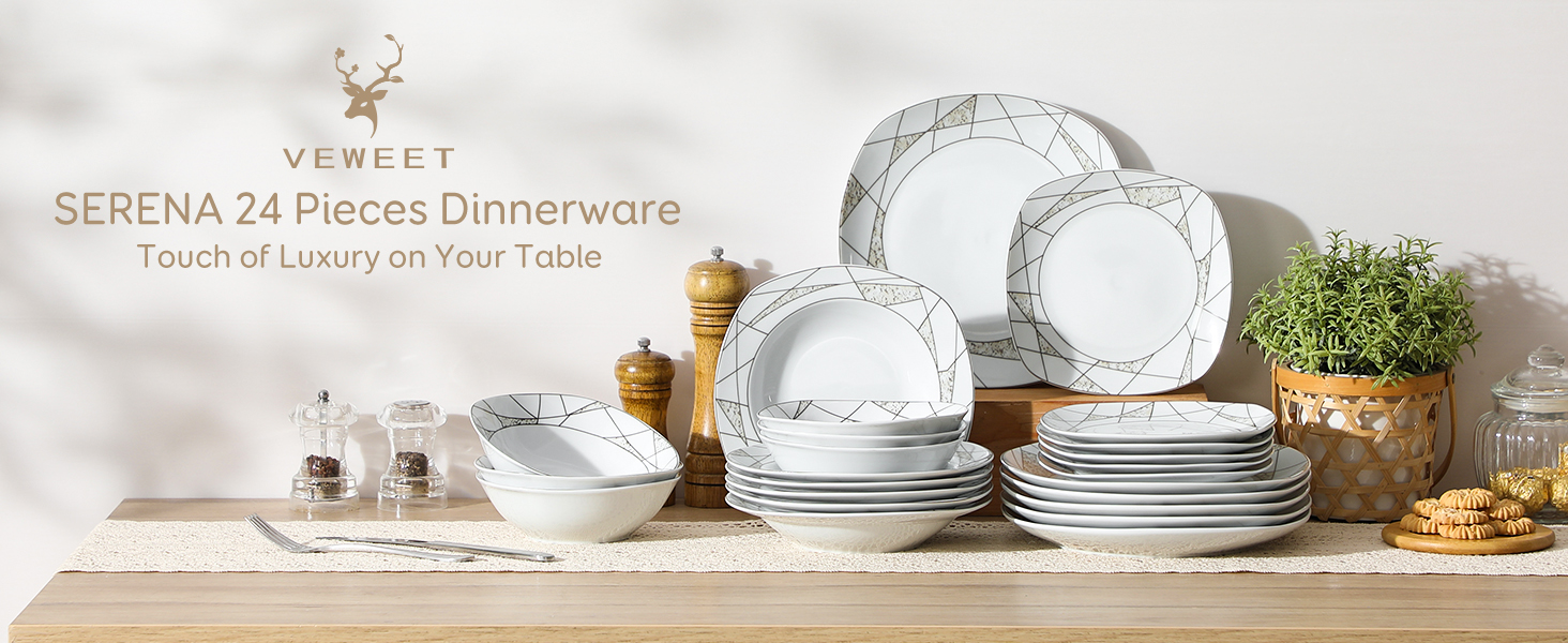 VEWEET Сервіз столовий 'Serena' з порцеляни, 24 елементи | 6 тарілок для сніданку, десерту, їжі та супу | Сервіз для 6 осіб, ресторану, сім'ї, білий