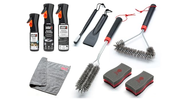 Weber Grill Cleaning Set for Enamel Grills, includes: 3 Grill Brushes, Grill Grate & Enamel Cleaner (300ml each), Non-Stick Spray 200ml, Microfiber Cloth, Scraper, 2 Cleaning Sponges (18284)