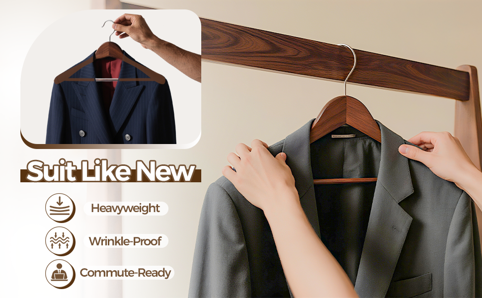 Набір дерев'яних вішалок Premium з широкими плечима (6 шт.) з обертовими гачками | Для пальто, курток, суконь | Натуральне дерево, вінтажний стиль