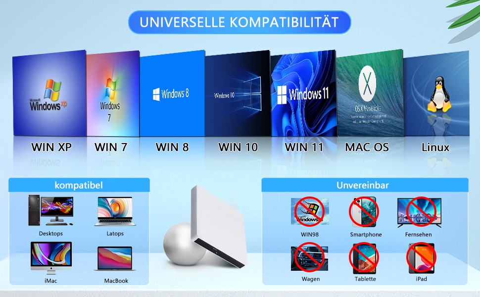 Зовнішній DVD-привід USB 3.0 та Type-C, портативний CD/DVD+/-RW записувач для ноутбука, ПК, MacBook, Windows, MacOS, Linux (Білий)