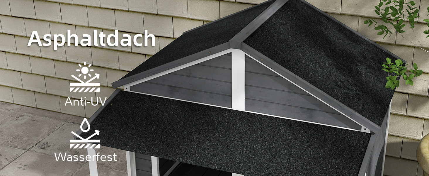 Будка для собак PawHut з масивного дерева, клітка для дрібних тварин, собача будка з терасою, асфальтовий дах, зовнішня, стійка до погодних умов, сіра, 124 x 112 x 105 см