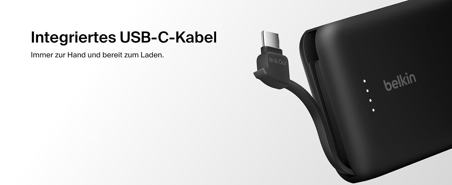 Повербанк Belkin BoostCharge 10000mAh 20W з вбудованим кабелем USB-C, LED-індикатором, чорний