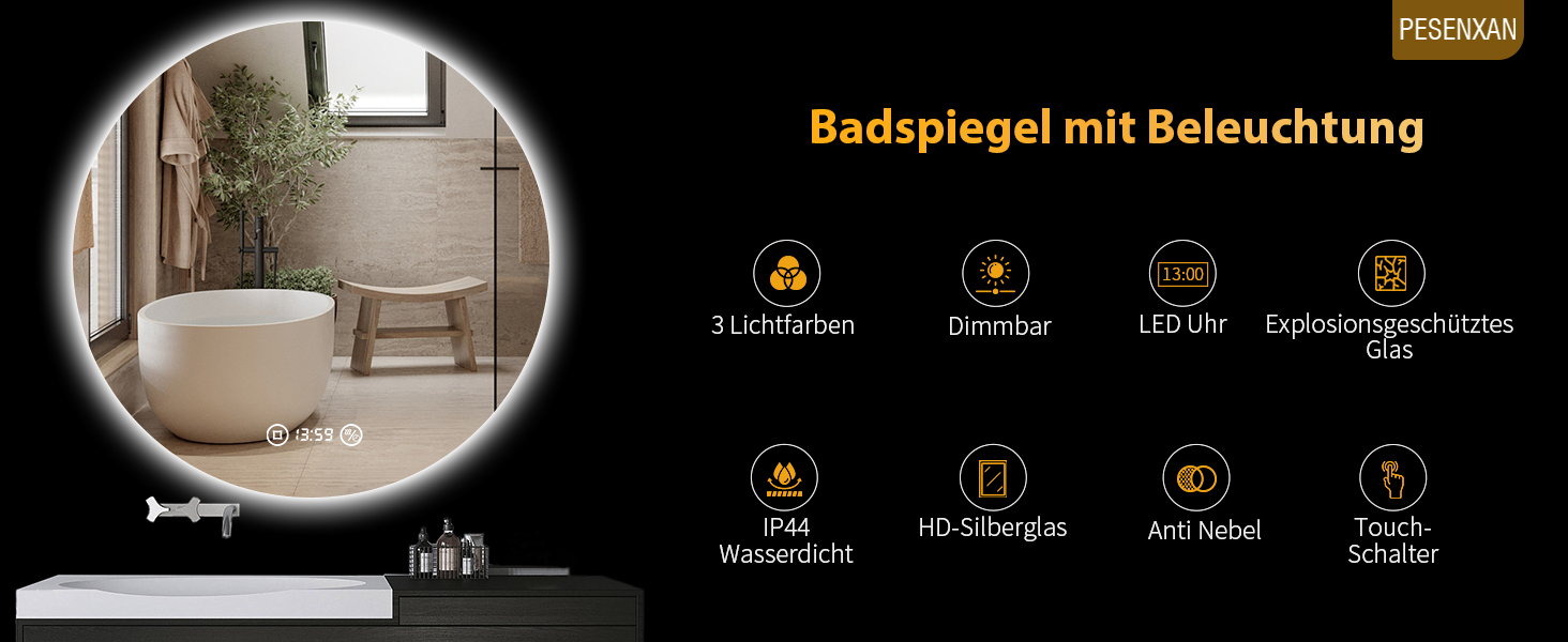 Дзеркало для ванної кімнати з підсвічуванням 70 см, LED дзеркало для ванної з підсвічуванням, 3 кольори світла, антизапар, регульована яскравість, сенсорне керування, функція пам'яті, кругле, водонепроникність IP44, 60x60 см