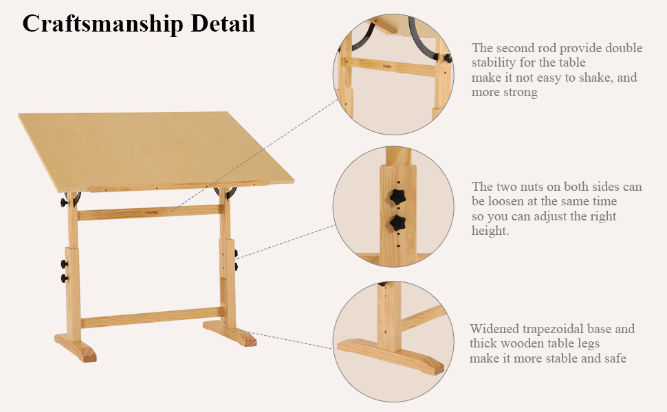 Adjustable Wooden Art Drawing Table - 76x107cm - Viswin Studio Easel for Painting & Drawing