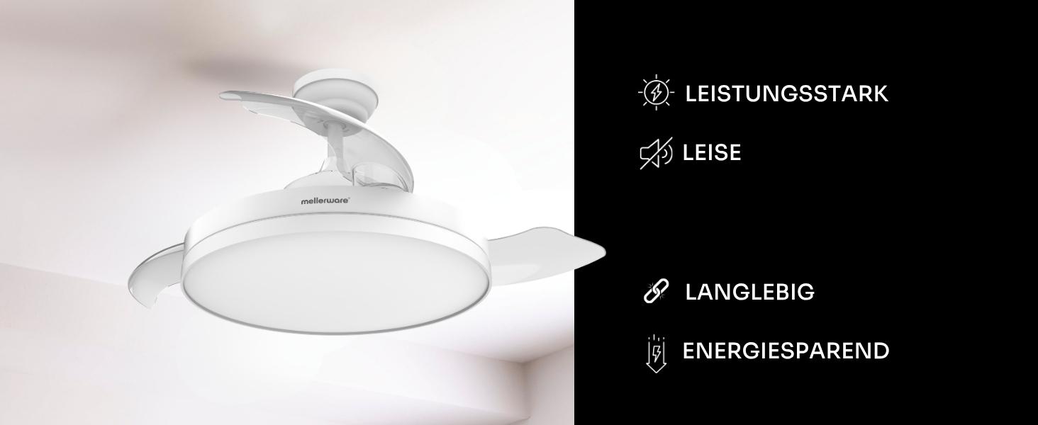 Стельовий вентилятор Mellerware з пультом Brizy, 132 см, DC мотор, 6 швидкостей, літньо-зимовий режим, таймер, білий вбудований