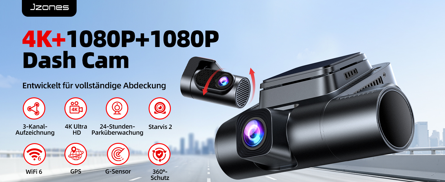 3-канальний автомобільний відеореєстратор 4K STARVIS 2 (передній, внутрішній, задній), 360° камера, нічна зйомка, HDR, WiFi 6, GPS, паркування 24г, G-сенсор, карта 64ГБ, чорний