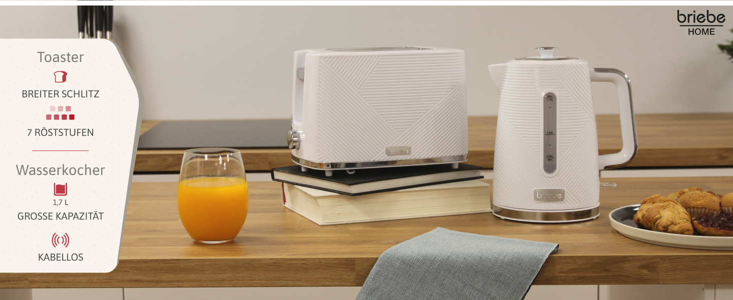 Набір для сніданку Briebe Elegance: тостер на 2 підсмажування, 7 рівнів підсмажування + чайник 1,7 л, 2200 Вт, BPA-free, сучасний дизайн (білий)