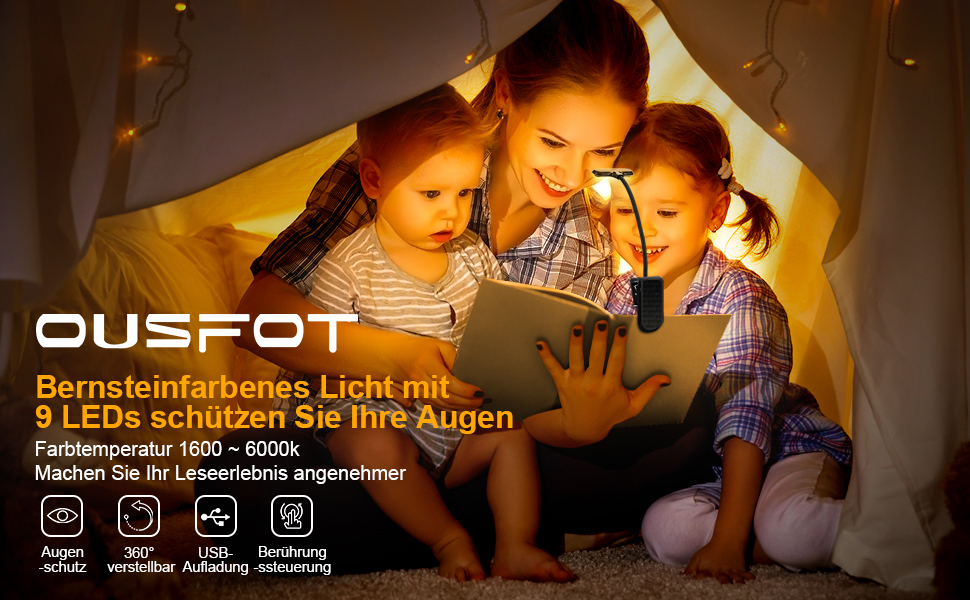 LED кріпильна лампа OUSFOT для читання з 3 рівнями яскравості, USB, 9 LED, гнучка на 360°, для книги, офісу, ліжка, нотного ставу, 3 колірні температури
