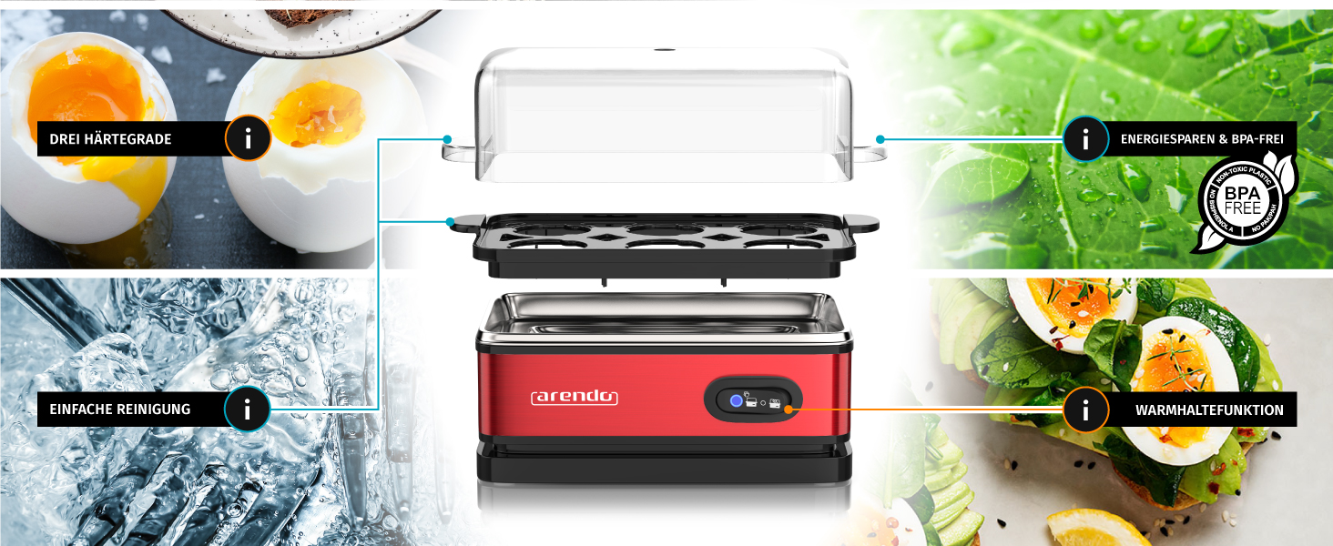 Електричний яйцеварка Arendo з нержавіючої сталі з підігрівом, регулюванням ступеня готовності та індикатором, червоний