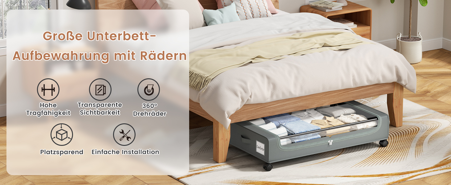 Коробки для зберігання під ліжко PHINOX з роликами, сірі, 2 шт (74x42x16 см) - коробки-органайзери для одягу, взуття, іграшок з прозорою кришкою