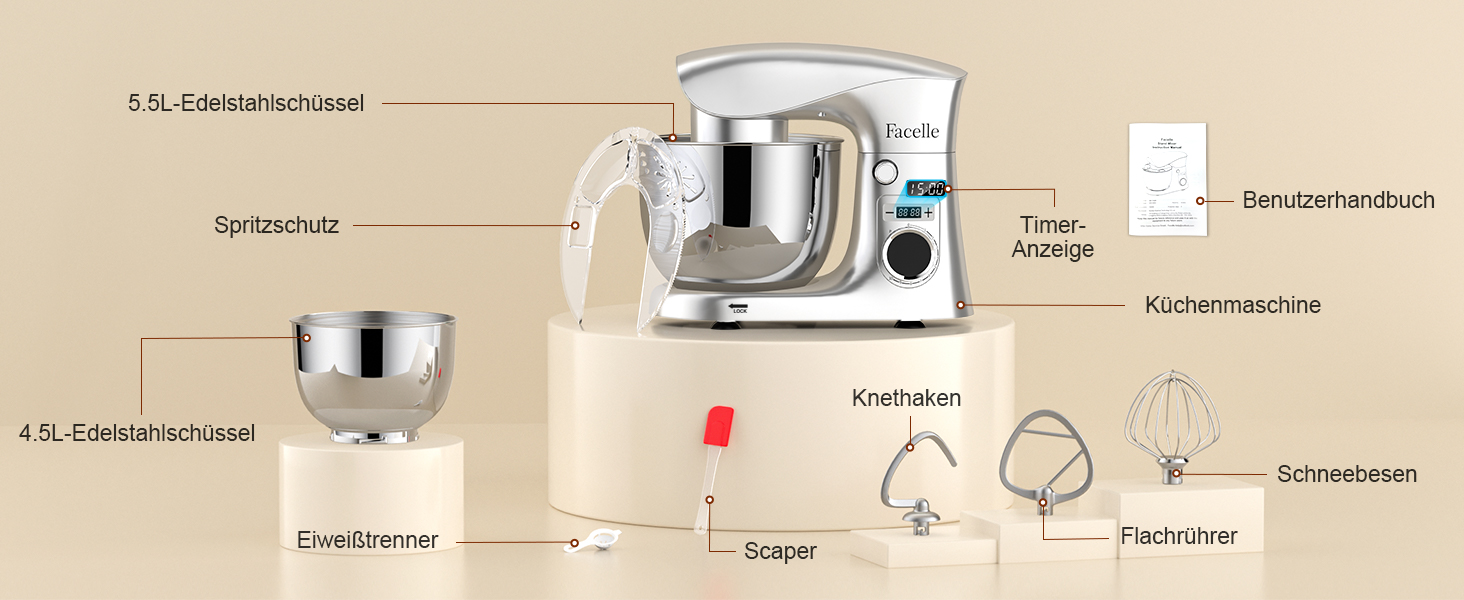 Кухонна машина-міксер Facelle 1500W з 5.5/4.5л чашею, 10+ програм, тиха робота, набір насадок (крюк, вінчик, віночок, захист від бризок)