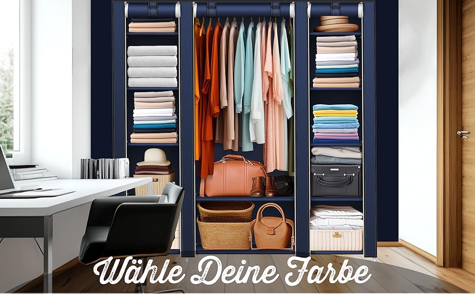 KESSER® Wardrobe Clothes Closet Stable with Clothes Rail & Shelves, Incl. 5x Clothes Hangers, Fabric Folding Closet for Bedroom, Dressing Room Wardrobe with Clothes Rack 150x45x175cm (Navy Blue)