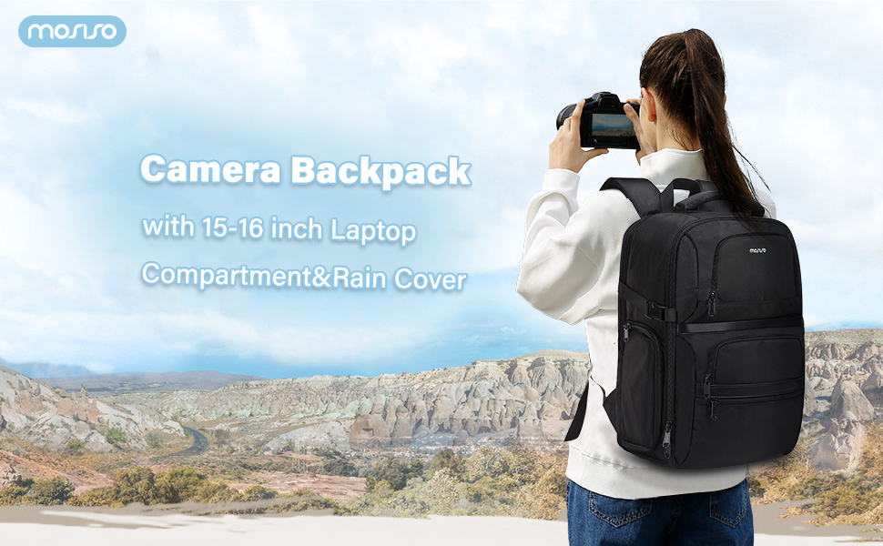MOSISO Рюкзак для камери, DSLR/SLR/беззеркальна камера, сумка з швидким доступом, фоторюкзак для подорожей з відділом для ноутбука 15-16 дюймів, дощовик та 3 передні кишені, сумісний з Canon/Nikon/Sony, чорний