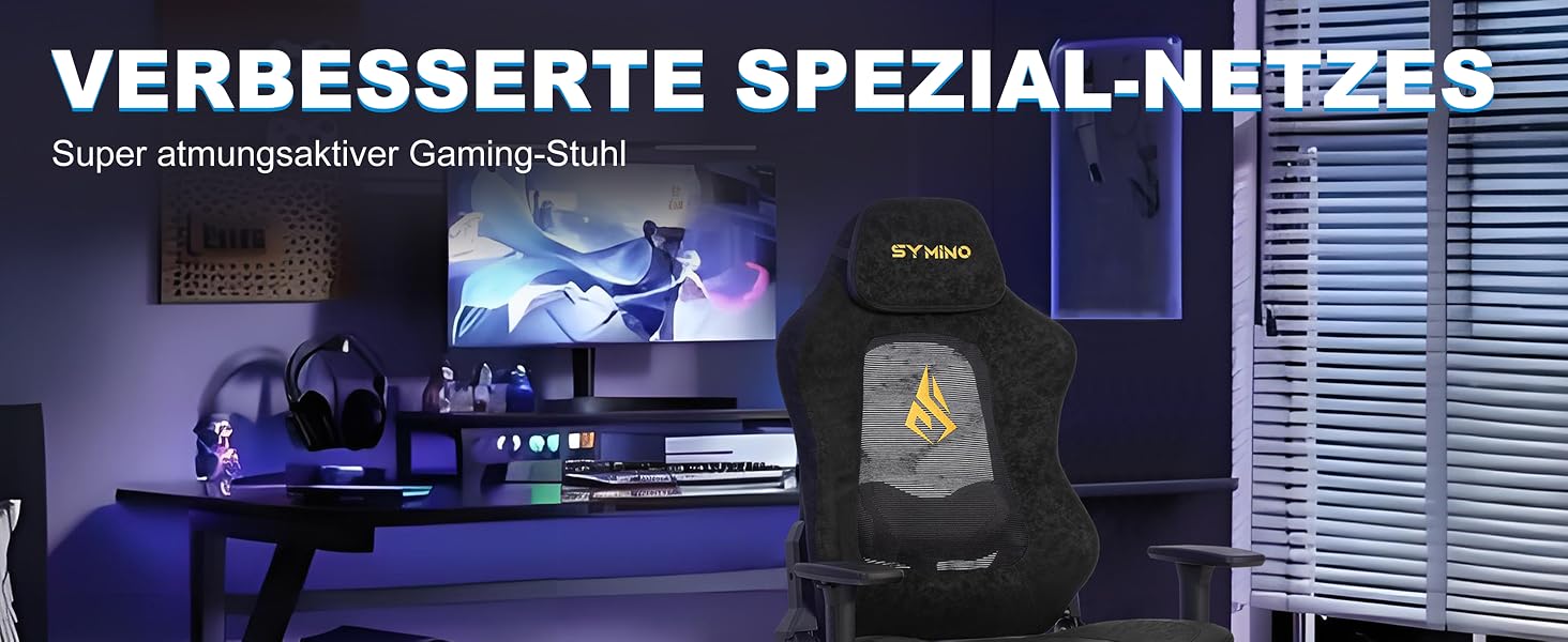 Геймерське крісло Symino Racing – ергономічне крісло з підтримкою попереку, регульованими підлокітниками та підставкою для ніг, оббите вінтажною PU-шкірою (200 кг, чорне)