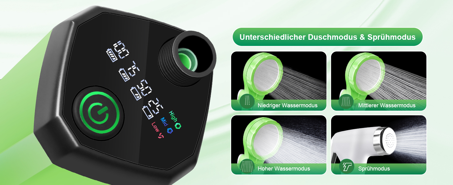 Портативна електродушова система Campingdusche з акумулятором 4500mAh, IPX7, дисплей, для кемпінгу, відпочинку на природі, автомийки, зелена