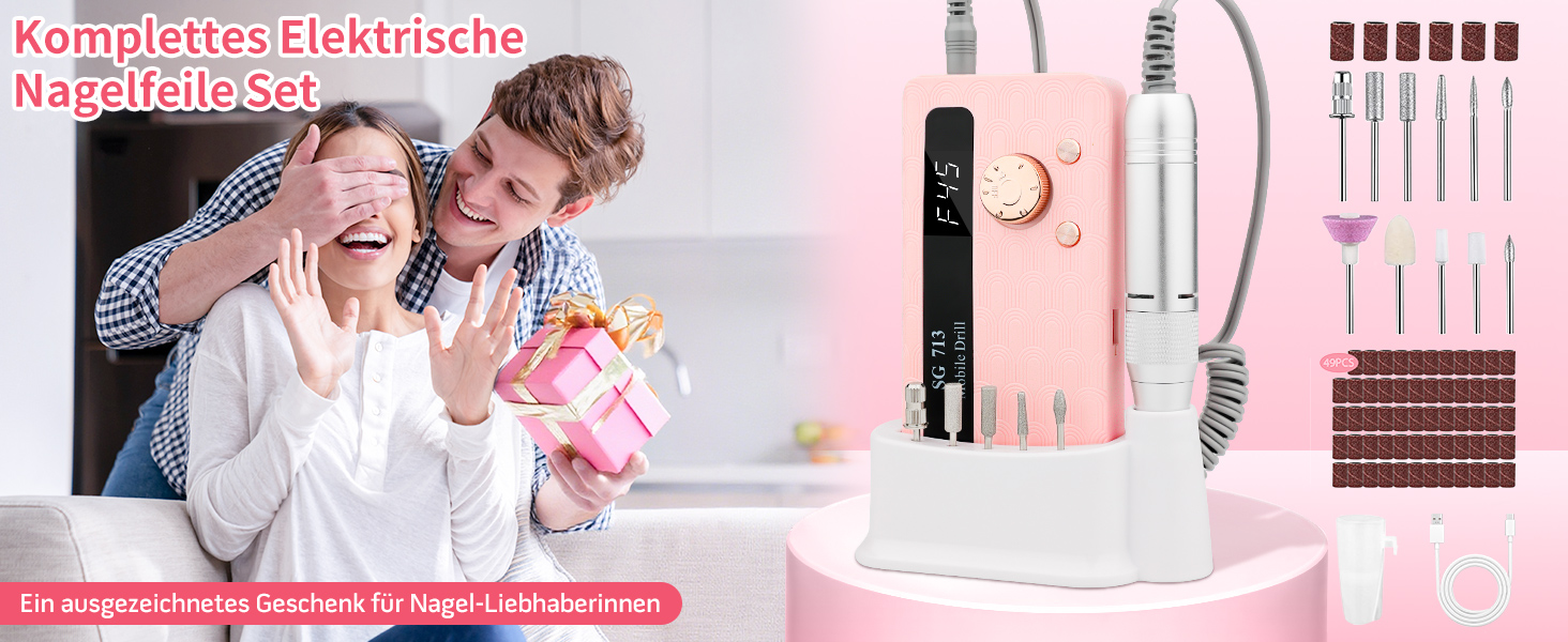 Електричний фрезер для нігтів Ziweo з LED дисплеєм, 45000 об/хв, для манікюру та педикюру, для гелю, акрилу, акригелю, Shellac