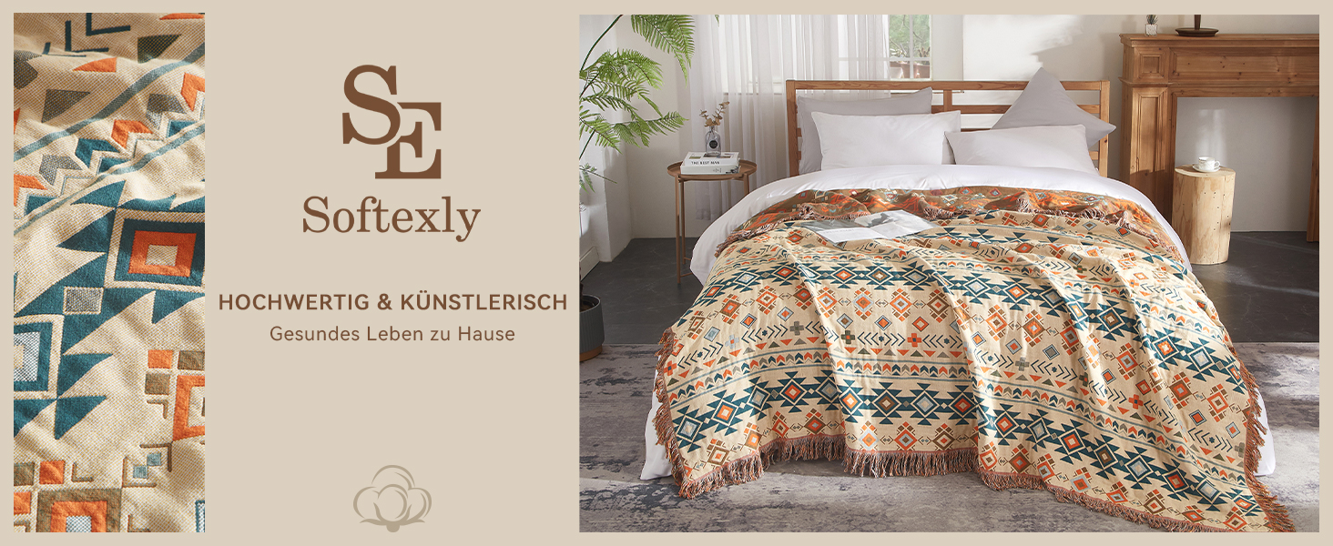 Плед Boho Softexly з 100% бавовни – двостороння муслінова ковдра 150x200 см, м'який плед на диван та покривало на ліжко, естетичний дизайн, ідеально для вітальні та спальні, помаранчево/блакитний (150 x 200 см, стиль модерн)