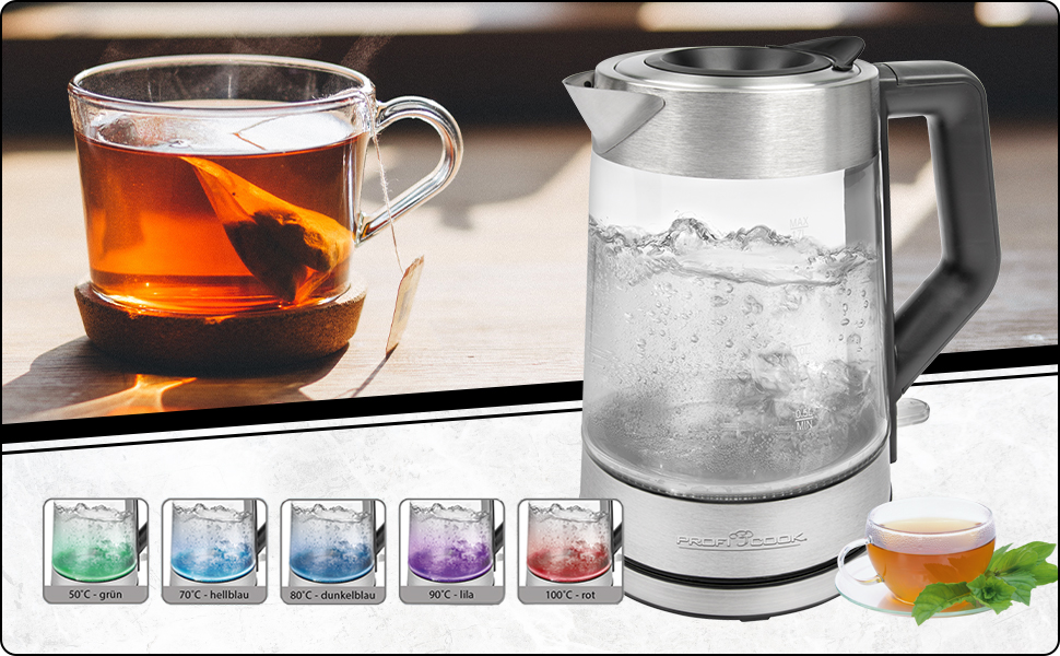 Скляний електричний чайник ProfiCook PC-WKS 1190 G | 1.7 л, 2200 Вт | З підсвічуванням, автоматичне відключення