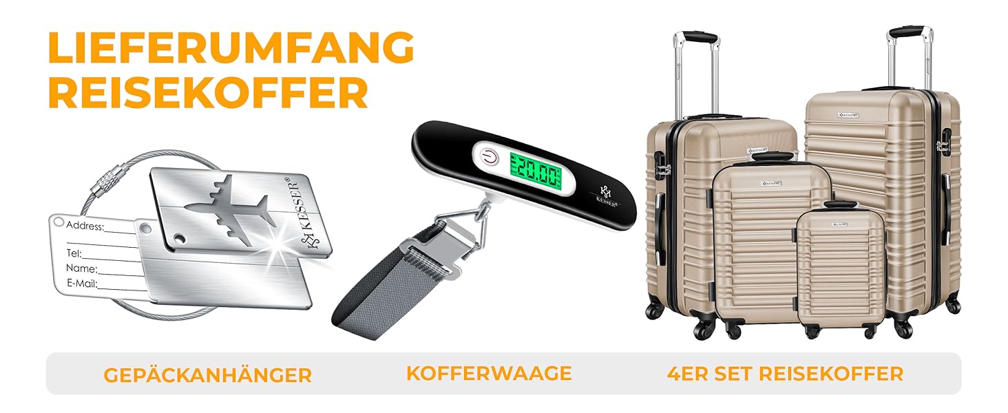 Набір валіз KESSER® з ABS-пластику (S-M-L-XL) з телескопічною ручкою, 4 колеса, ваги та брелок для багажу, колір шампань