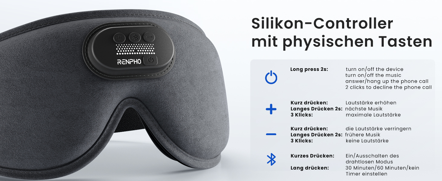 Маска для сну Renpho з Bluetooth V5.2, подарунок для жінок, RENPHO Ultra Soft, бездротова маска для сну з 3D-екраном, комфортна для тих, хто спить на боці, маска для сну з білим шумом, сіра