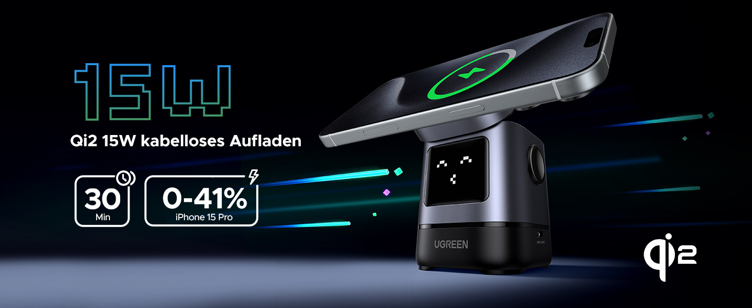 Зарядний станція UGREEN UNO 2-в-1 з сертифікацією Qi2, 15W, сумісна з MagSafe для iPhone 17/16/15/14/13, AirPods 2/3, регульований підставка для зарядки