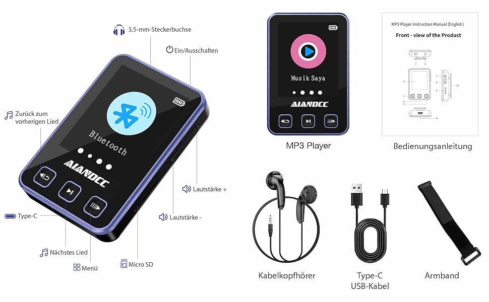 MP3-плеєр Bluetooth 5.3 зі спортивним кліпом та браслетом, 1.77