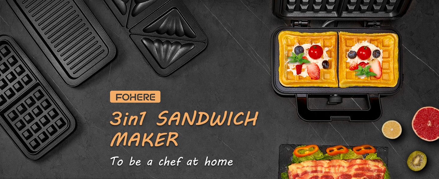 Sandwichmaker 1200W 3-в-1: сендвічниця, вафельниця, контактний гриль з регулюванням температури та антипригарним покриттям | LED-дисплей, нержавіюча сталь/чорний