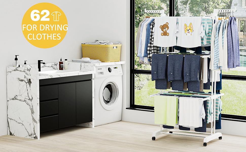 Сушилка для білизни Turm з 6 відкидними крилами та 2 бічними крилами, мобільна сушилка-вежа для дому та вулиці (біла)