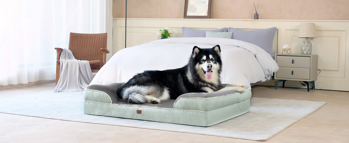 Ортопедичне ліжко для собак EHEYCIGA, великі та середні породи, 91x68 см, Memory Foam, вологостійке, з високим бортиком, сіре