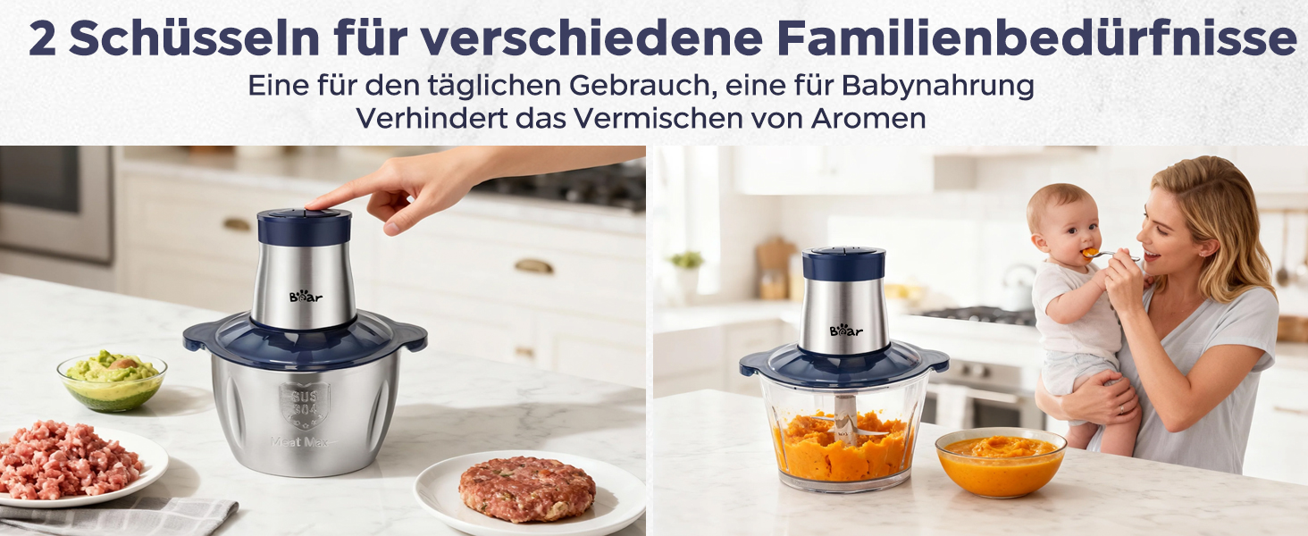 Електричний подрібнювач м'яса Bear 2L+1.8L з функцією м'ясоподрібнювача, 600W, 2 швидкості, зі скляною та нержавіючою сталлю, 4 леза, для м'яса, дитячого харчування, фруктів та овочів