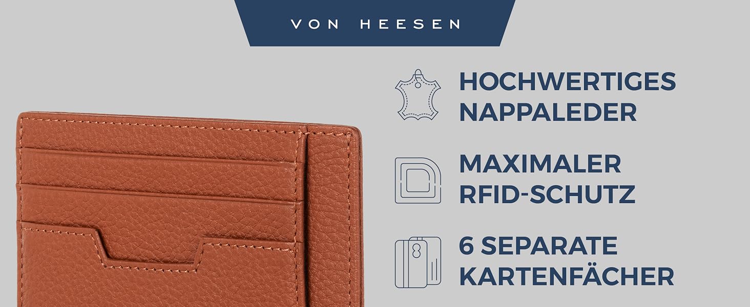 Шкіряний картхолдер VON HEESEN з RFID-захистом, портмоне для кредитних карток з наппа-шкіри, 9 відділень, унісекс (коньячний коричневий)