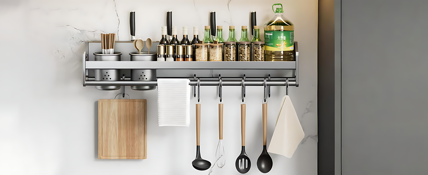 Настінна полиця для спецій, кухонна полиця без свердління, сіра, 50х13.4х12 см, з гачками та підставками для кухонного приладдя