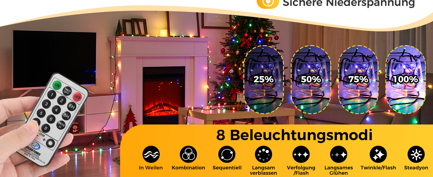 LED гірлянда для прикраси ялинки та декору на балкон/сад: 5м, 150 LED, тепле біле світло, 8 режимів, таймер, пульт, для внутрішнього та зовнішнього використання